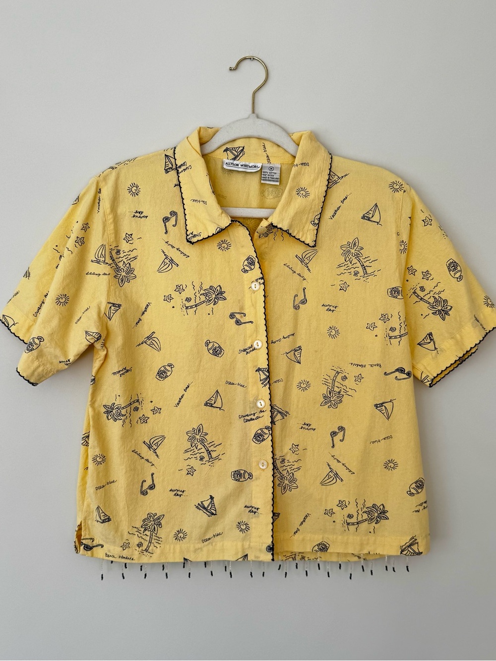 Vintage Allyson Whitmore Tropical Print Beaded Button Down, Yellow & Blue – M